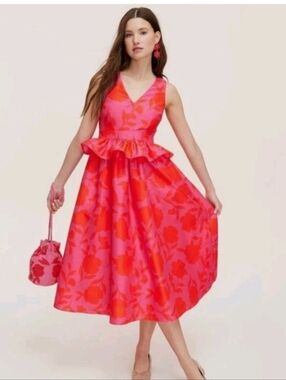 NEW KATE SPADE X TARGET PINK RED CLASSIC ROSE PEPLUM MIDI DRESS SIZE 2